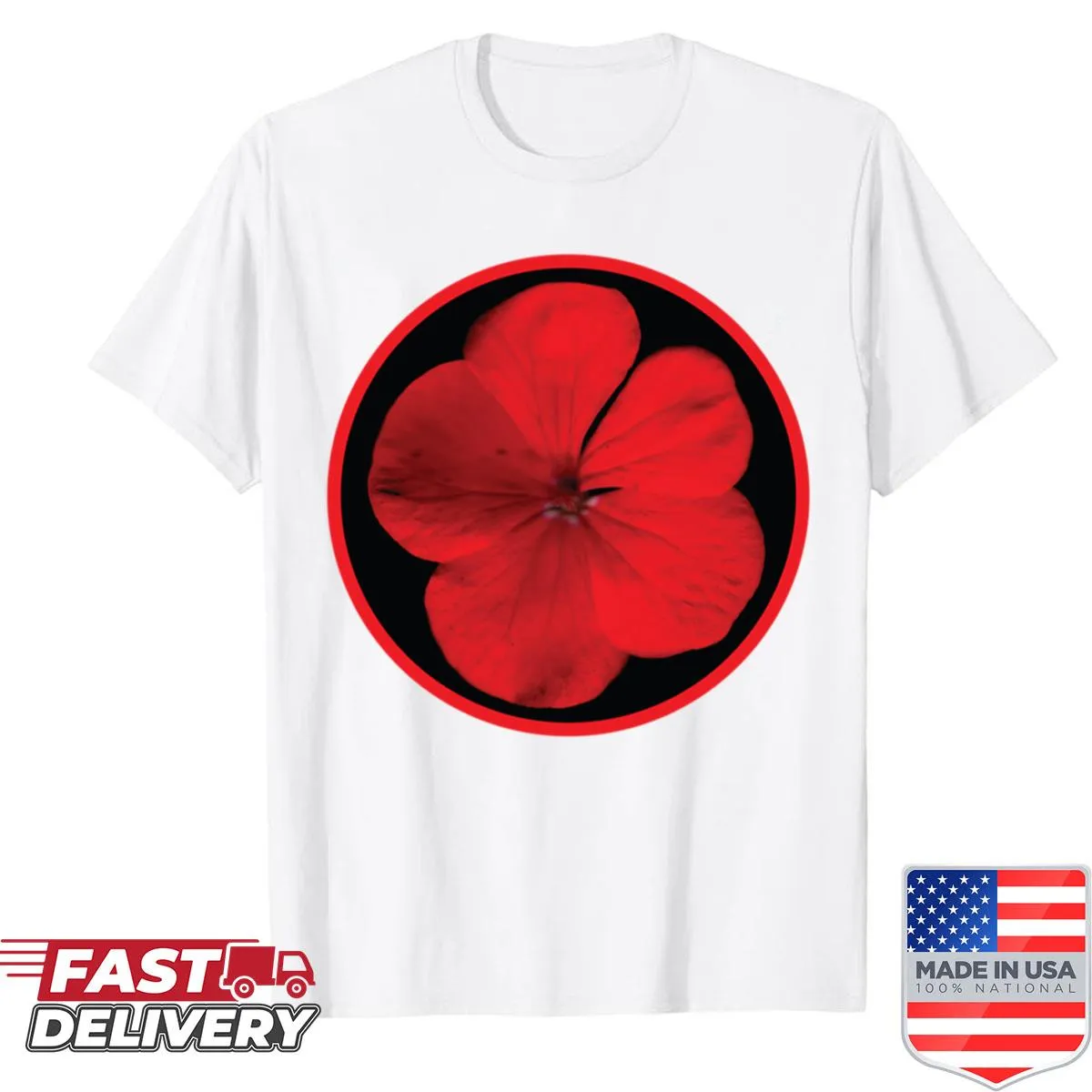 Floral design featuring an orange flower in a circle.