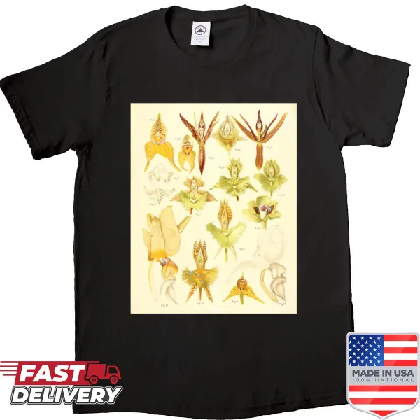 Graphic shirt displaying an illustrated orchid chart.