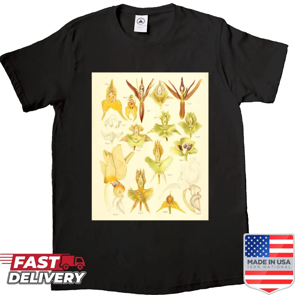 Graphic shirt displaying an illustrated orchid chart.