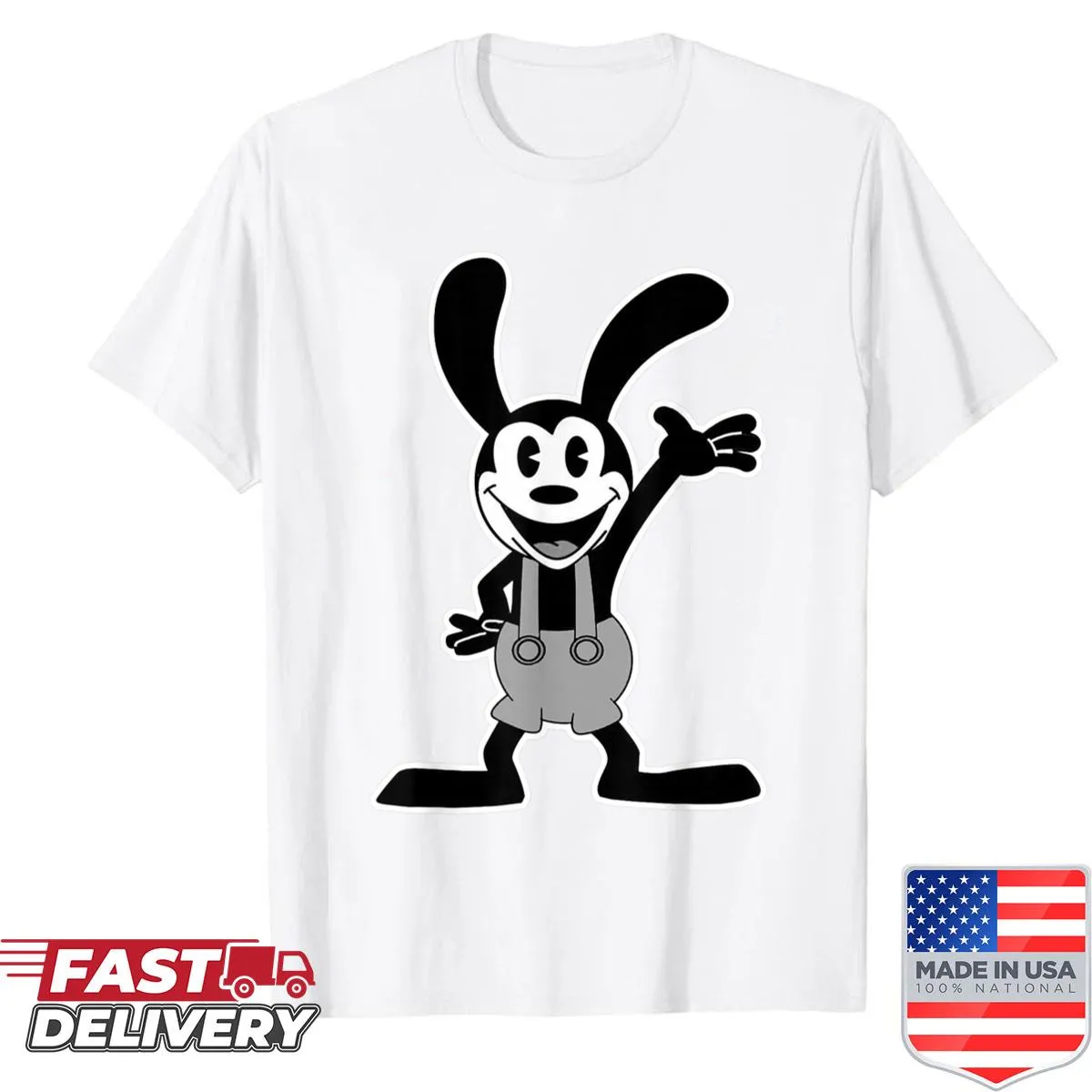 Vintage cartoon shirt featuring Oswald the Lucky Rabbit waving
