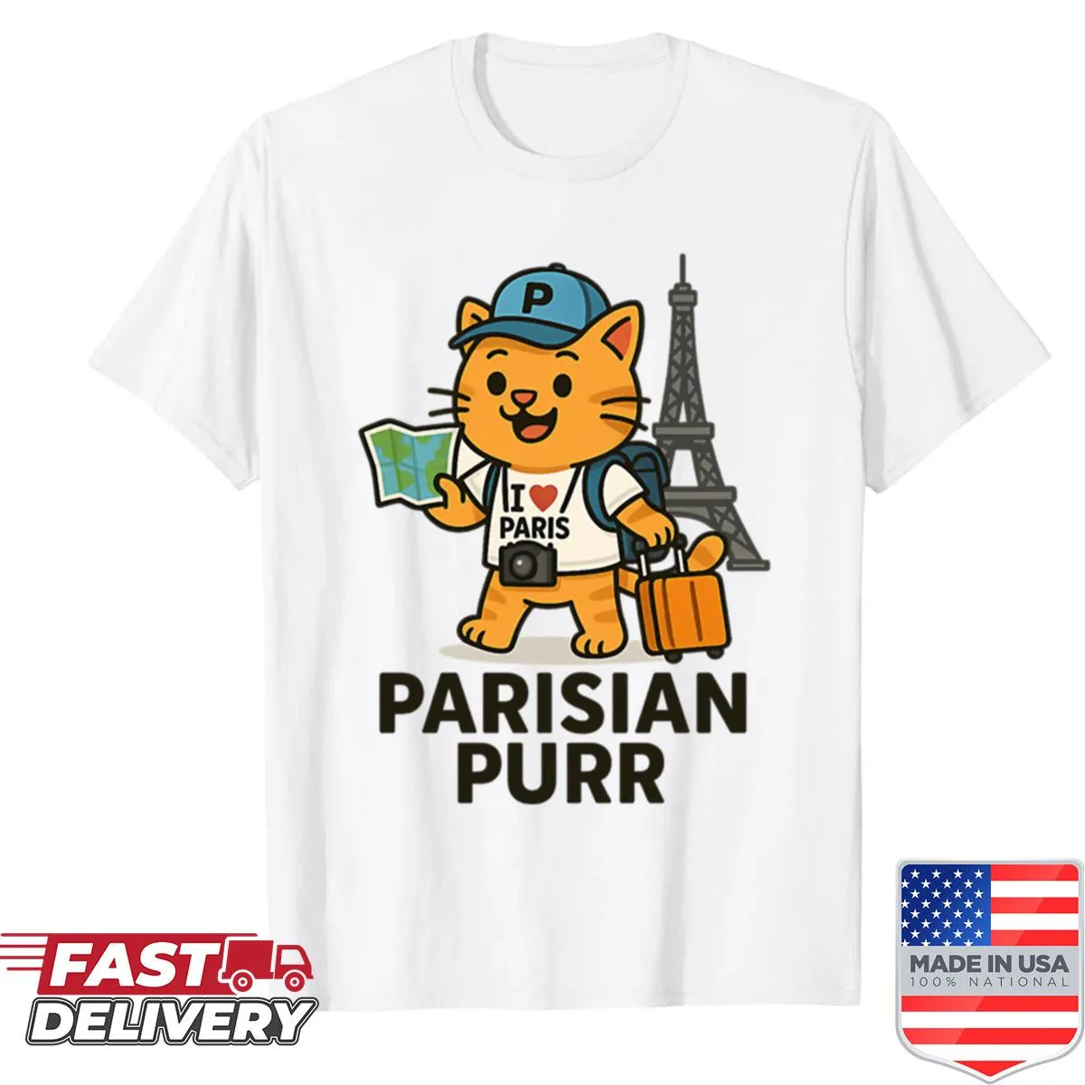 Cartoon cat in Paris t-shirt for travel lovers