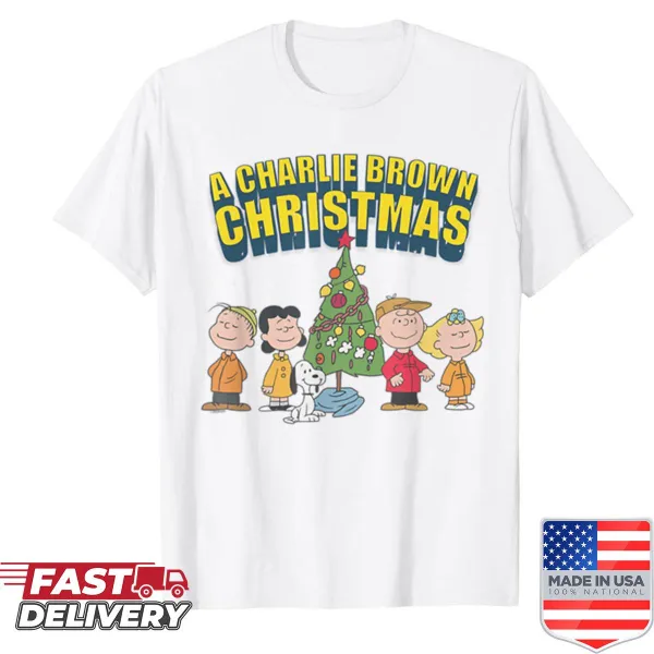 Peanuts characters in a Christmas setting on a shirt