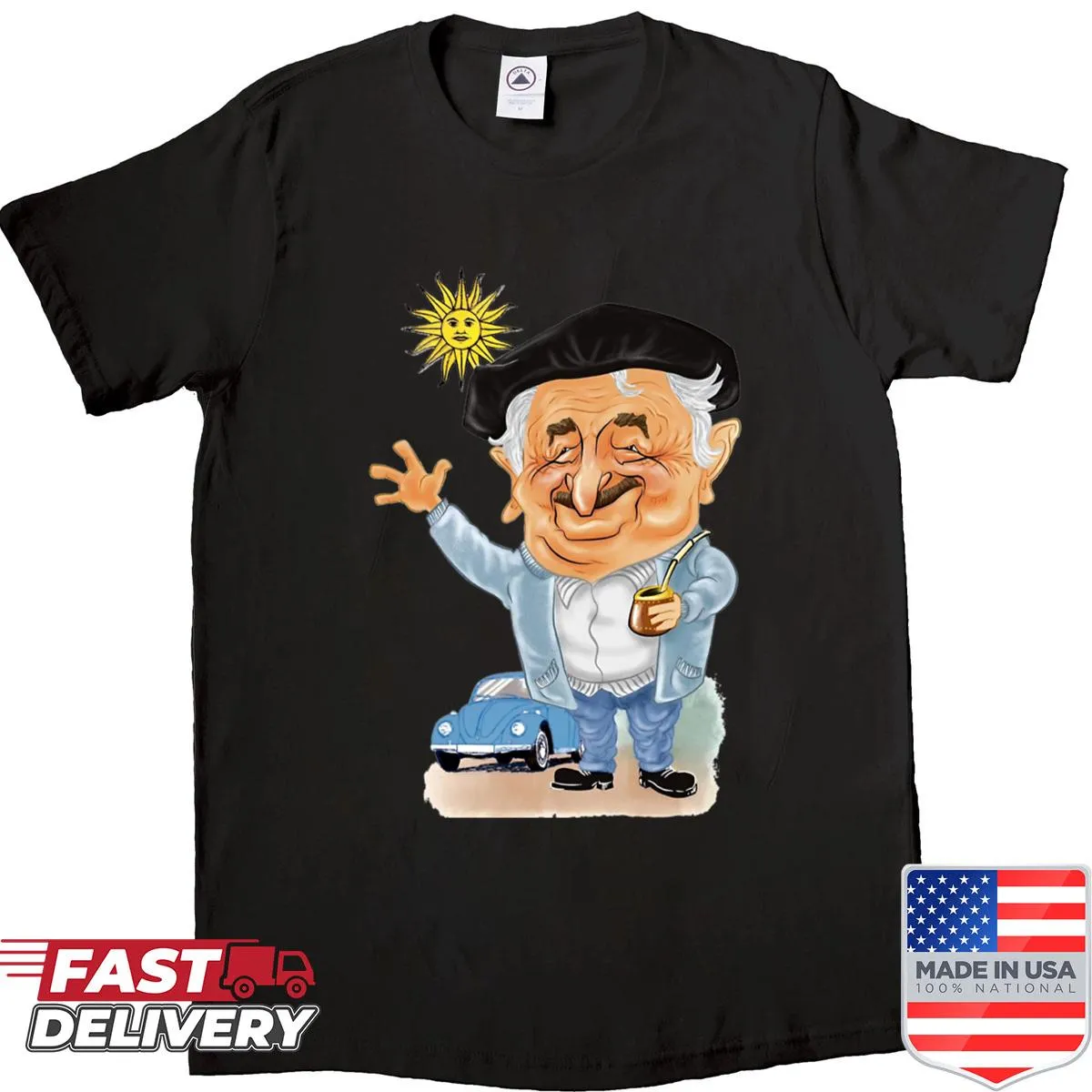 Cartoon caricature of Pepe Mujica on a shirt