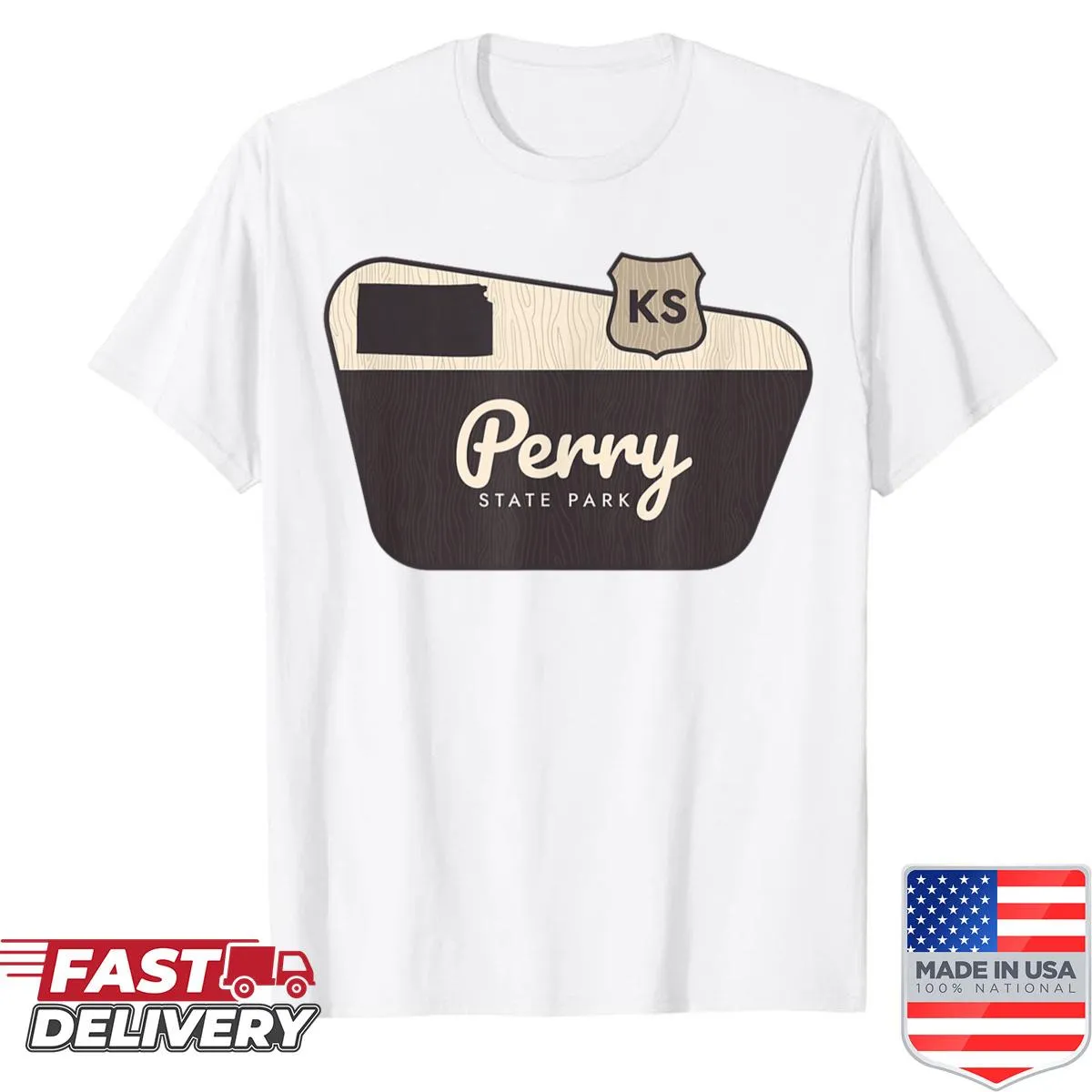 T-shirt with a welcome sign graphic for Perry State Park in Kansas