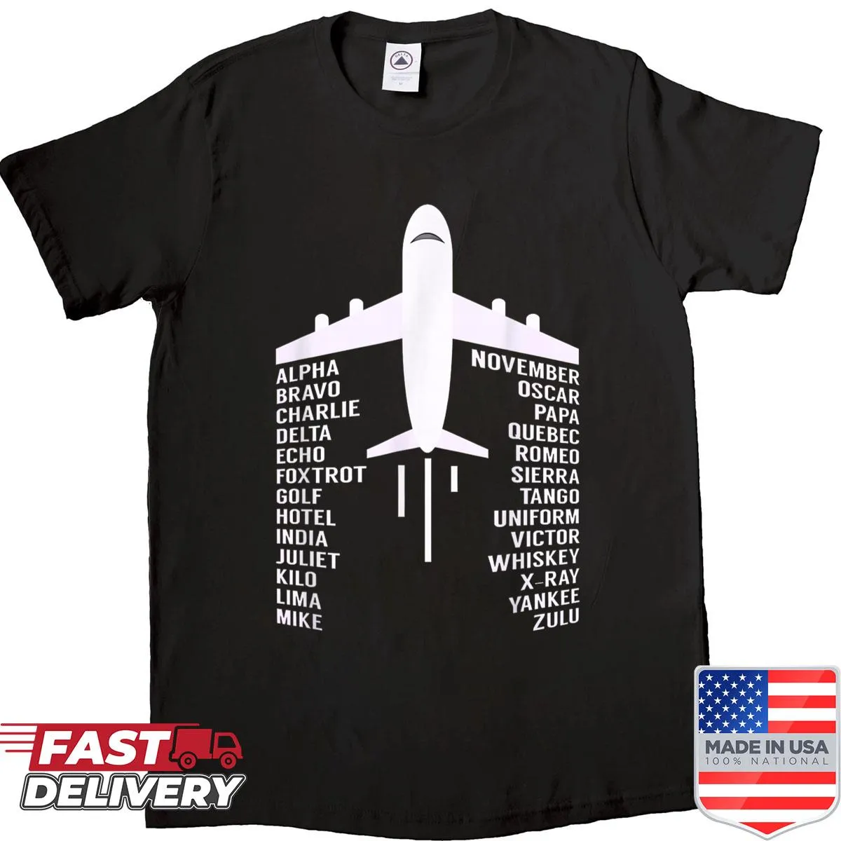 Funny aviation shirt featuring phonetic alphabet codes