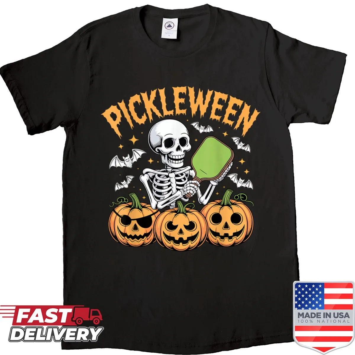 Skeleton playing pickleball graphic t-shirt for Halloween