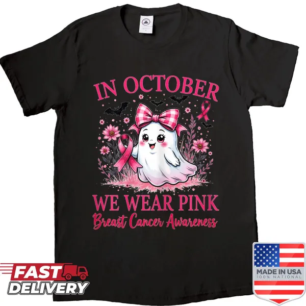 Cute ghost with bat and pink ribbon for breast cancer awareness