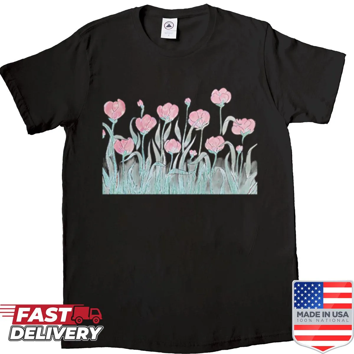 Illustrated wild flowers t-shirt design capturing nature's beauty.