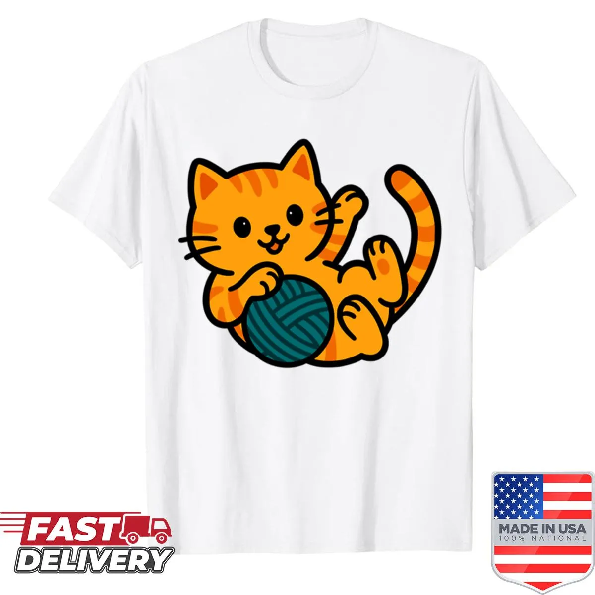 Cartoon of playful orange cat with a yarn ball on a casual shirt