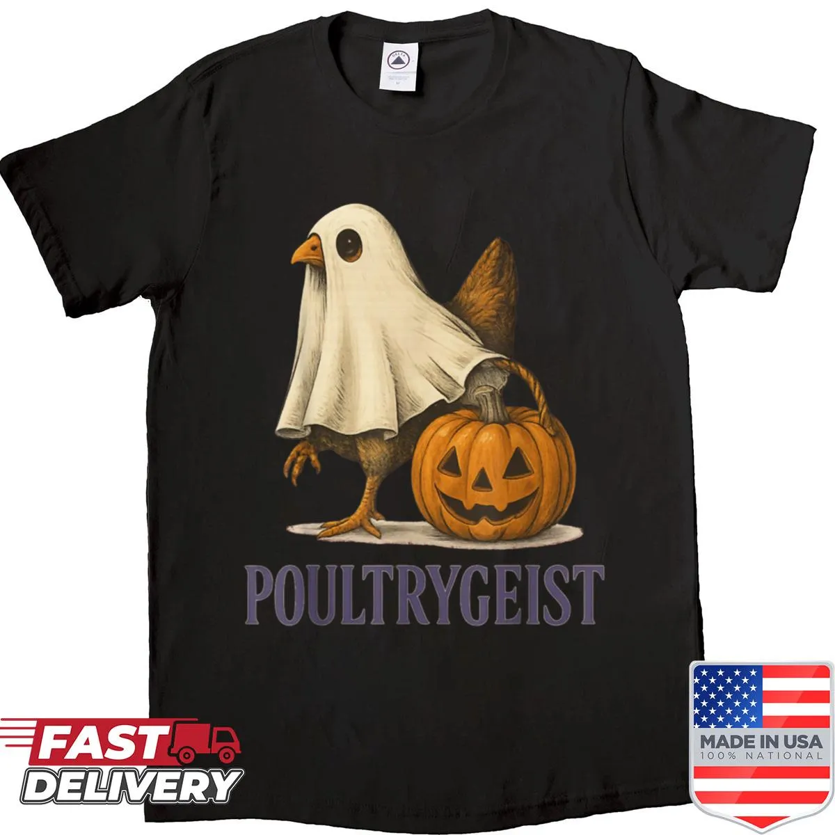 Funny Halloween shirt with a ghost chicken and pumpkins