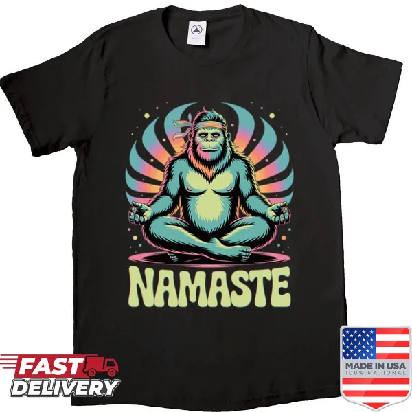 Bigfoot in yoga pose on a colorful t-shirt