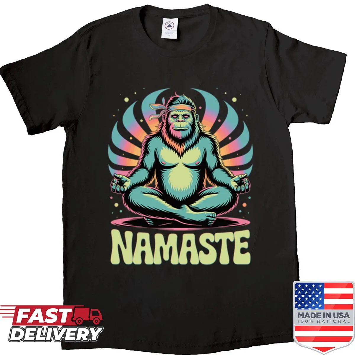 Bigfoot in yoga pose on a colorful t-shirt