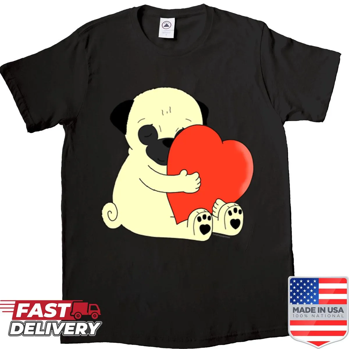 Cute pug illustration on a t-shirt showcasing pug hugs.