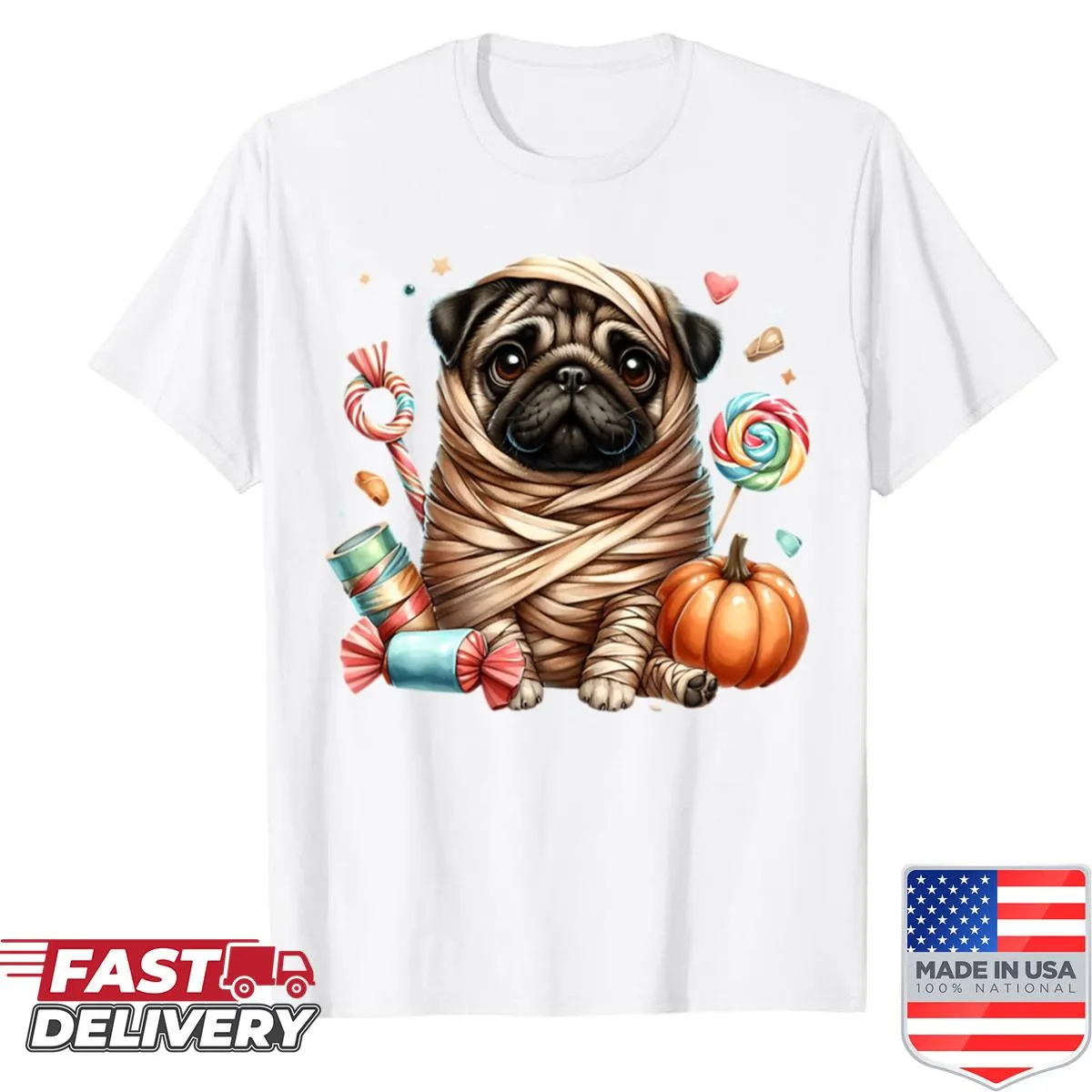Cute pug mummy graphic t-shirt with candy design