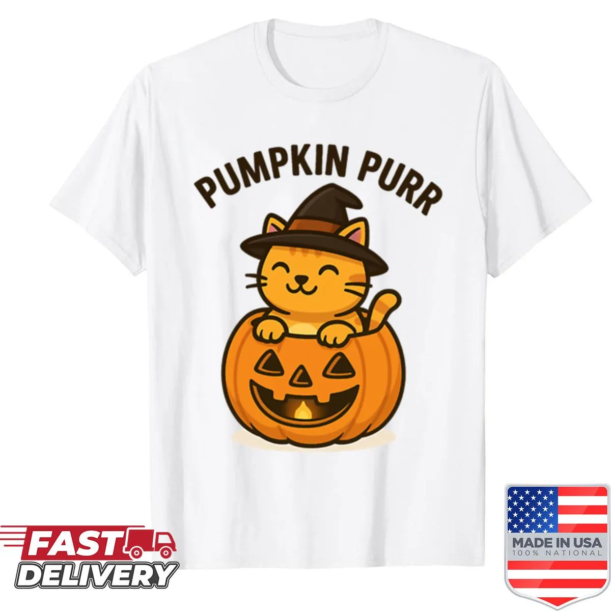Funny cartoon cat on a pumpkin for Halloween t-shirt