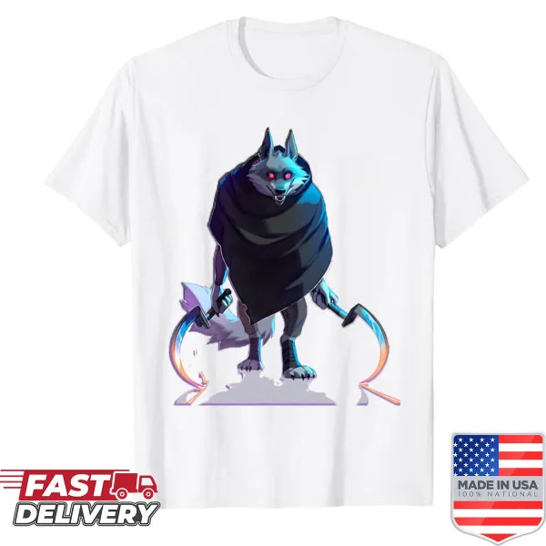 Illustration of a cat and wolf hybrid on a T-shirt