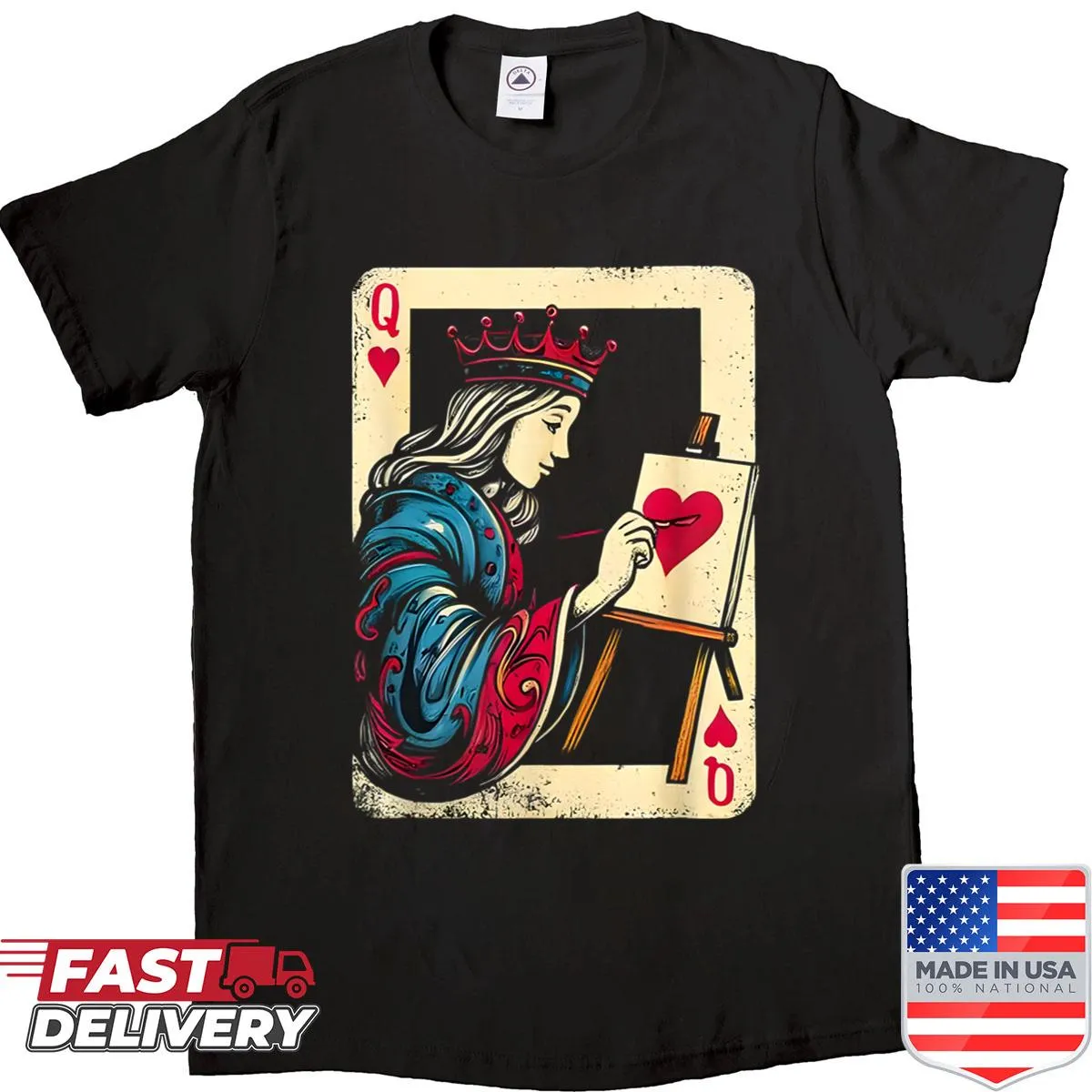 Illustrated royal portrait of a heart queen on a T-shirt