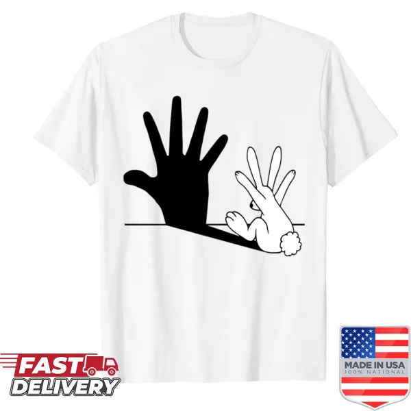 Whimsical shirt depicting a hand shadow of a rabbit