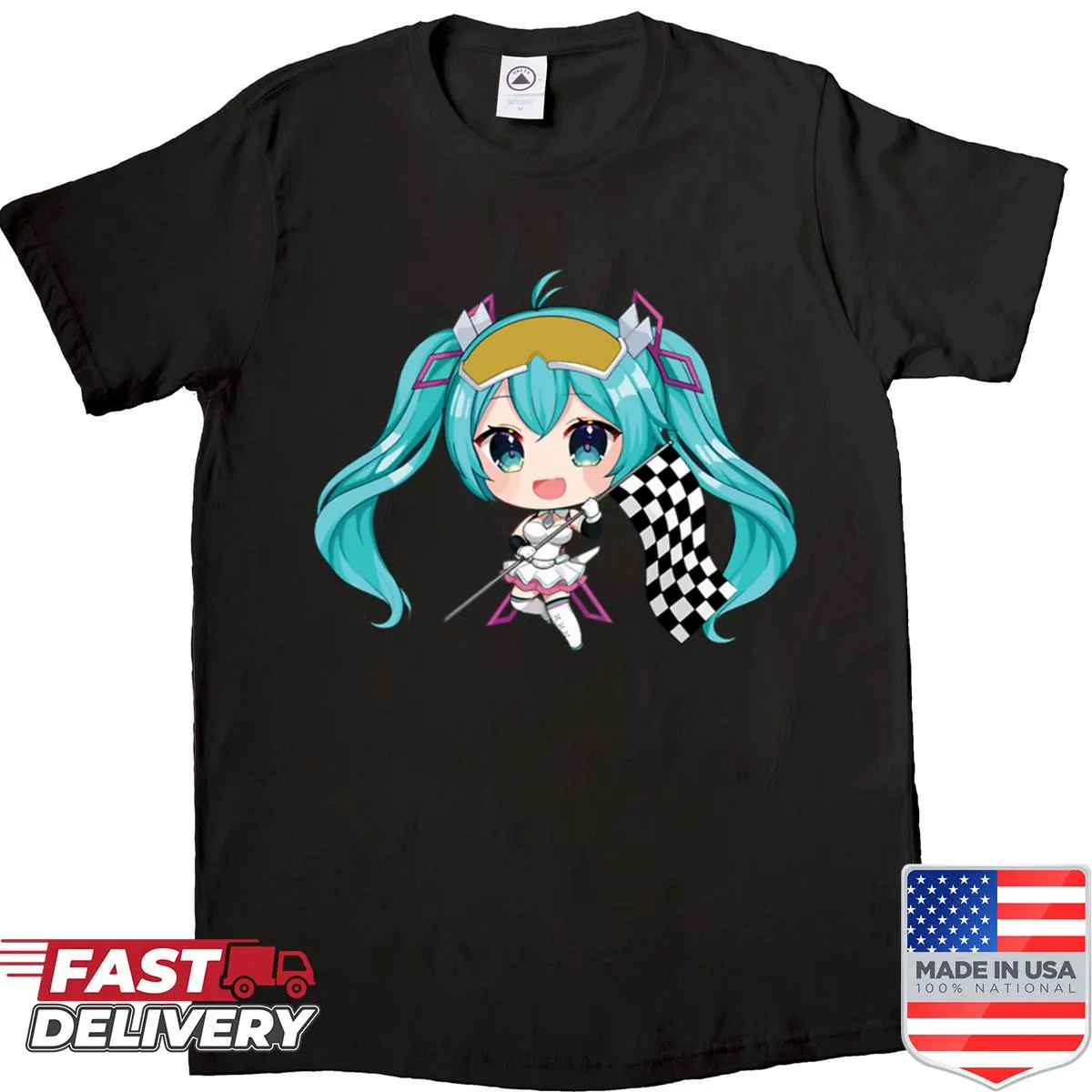T-shirt featuring a chibi illustration of Hatsune Miku