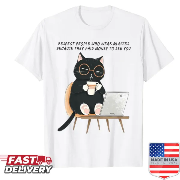 Cute cat with glasses graphic on T-shirt