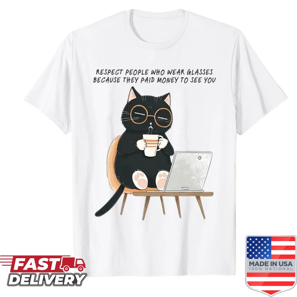 Cute cat with glasses graphic on T-shirt