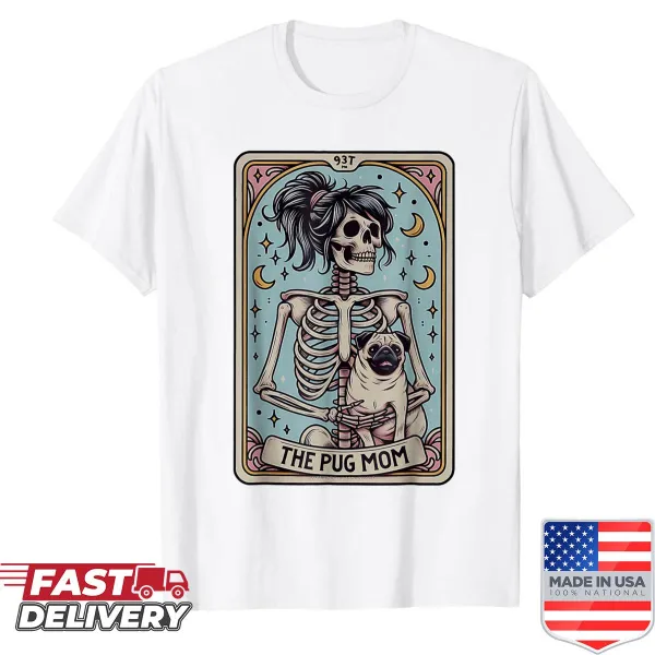 Vintage-style Halloween shirt featuring a skeleton pug and tarot card design
