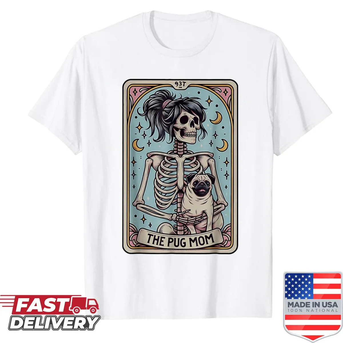 Vintage-style Halloween shirt featuring a skeleton pug and tarot card design