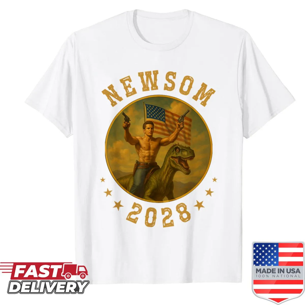 T-shirt depicting Gavin Newsom riding a dinosaur for a playful political graphic