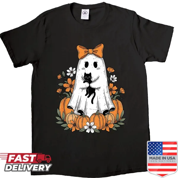 Cute Halloween shirt with a ghost, black cat, and pumpkin illustration