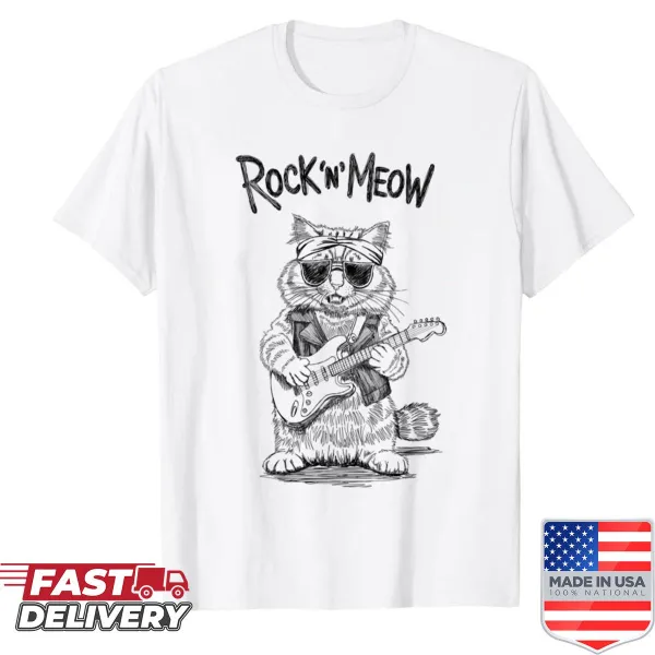 Cat graphic on a shirt featuring a cat holding a guitar