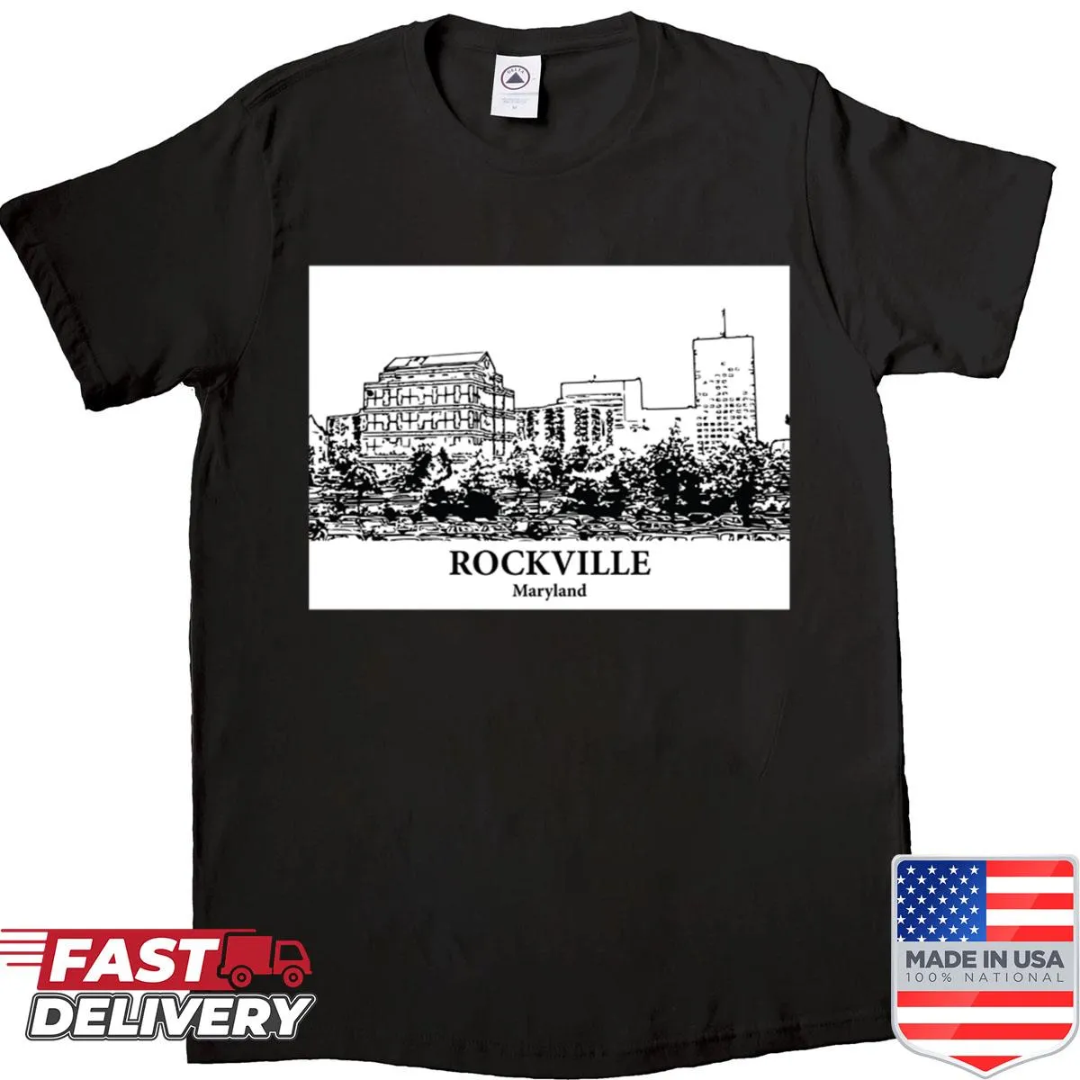 Typographical T-shirt representing Rockville, Maryland.