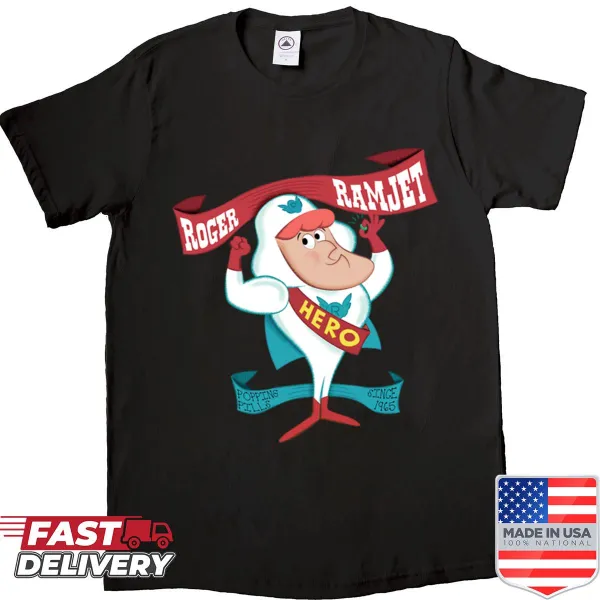 Roger Ramjet shirt with the phrase 'Hero of Our Nation' in playful design