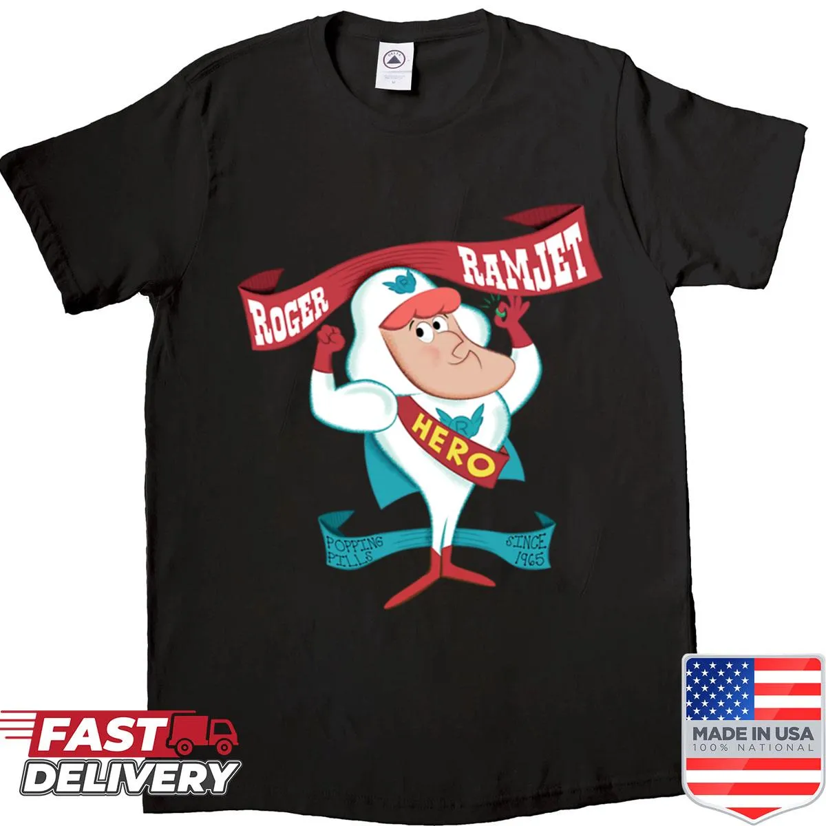 Roger Ramjet shirt with the phrase 'Hero of Our Nation' in playful design