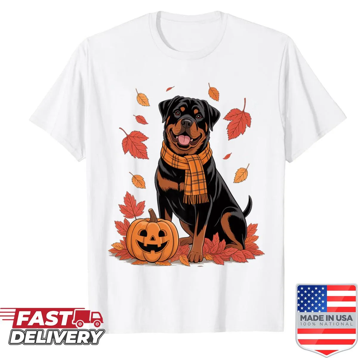 Rottweiler design with pumpkins for autumn on a shirt