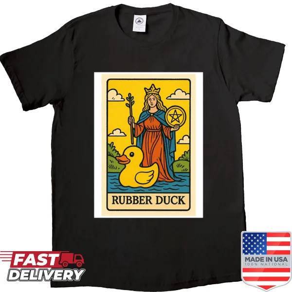 Funny shirt with cartoon duck, pizza, hamburger, and tarot graphics