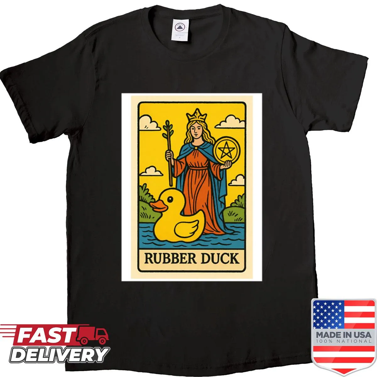 Funny shirt with cartoon duck, pizza, hamburger, and tarot graphics
