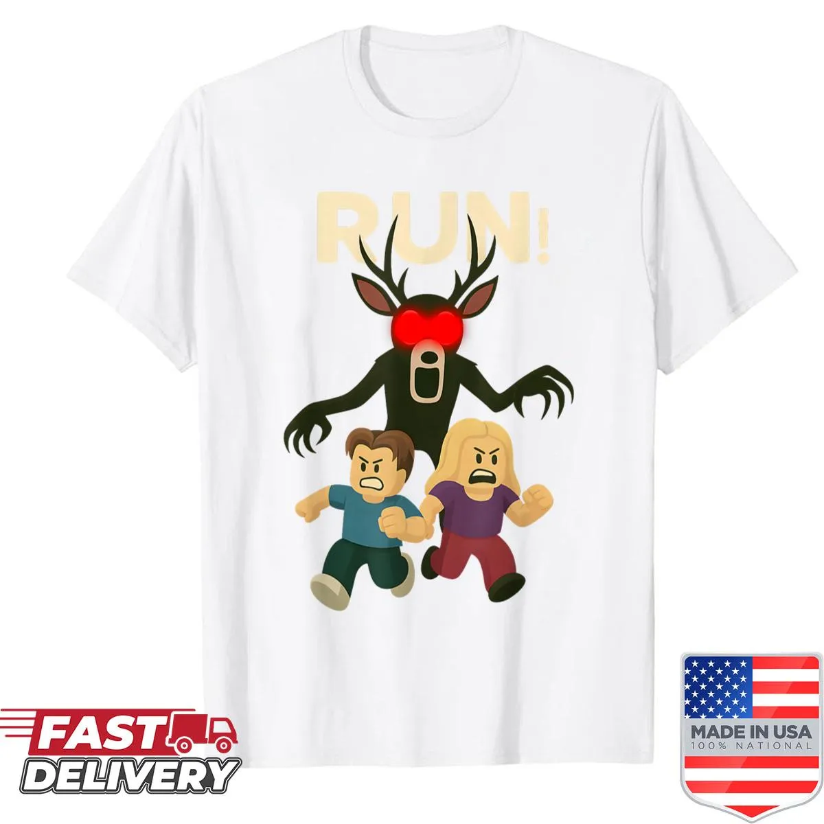Cartoon deer running in a forest Halloween-themed shirt