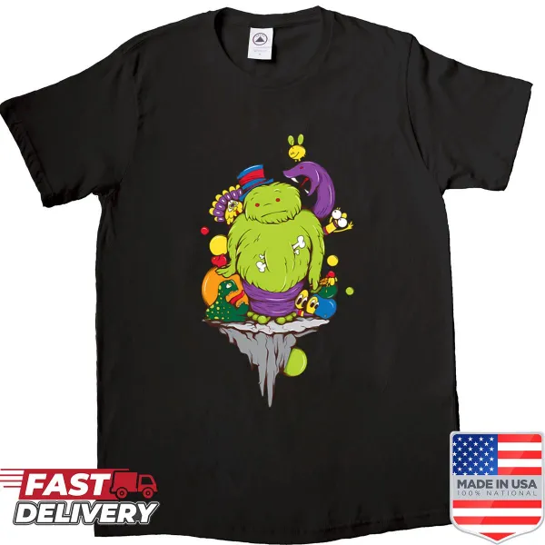 Cartoon monster with a sad expression on a humorous shirt