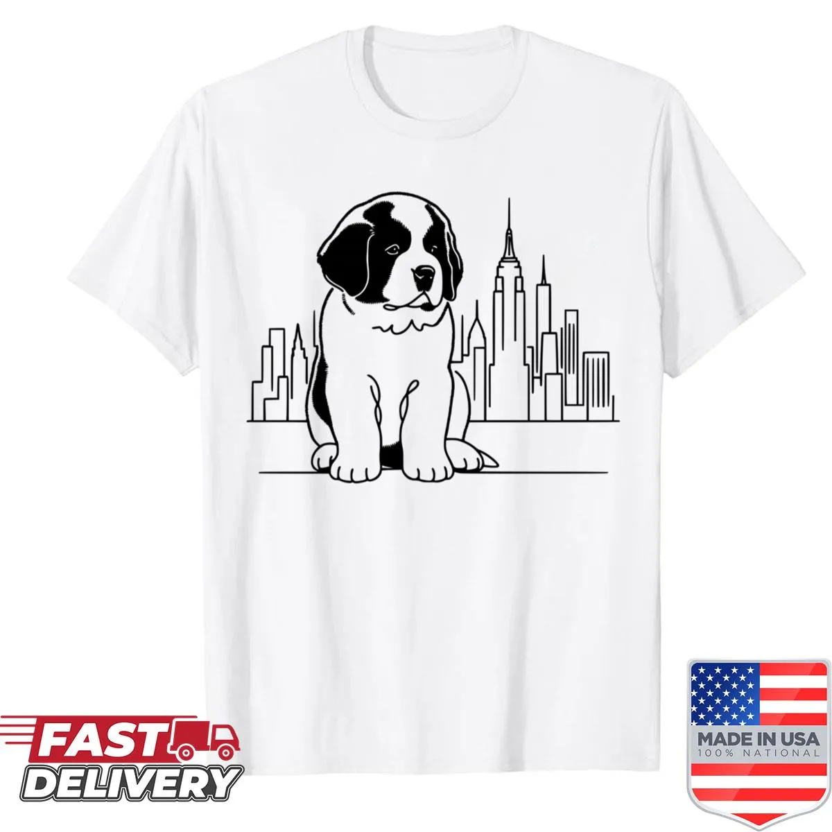 Line art of a Saint Bernard and NYC skyline on a T-shirt
