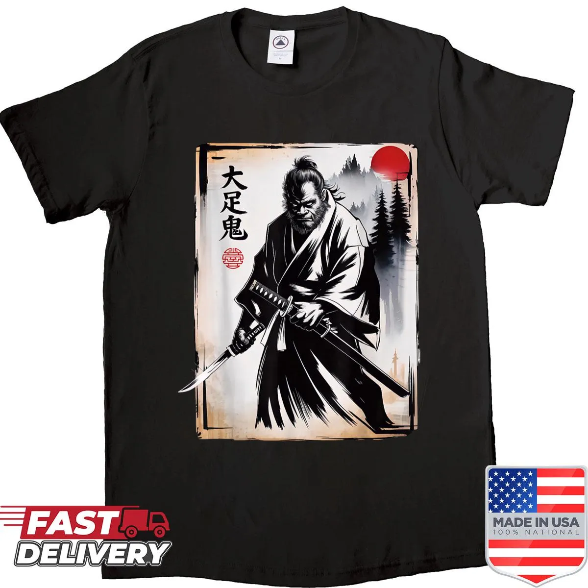 Samurai Bigfoot themed shirt with vintage Japanese art design