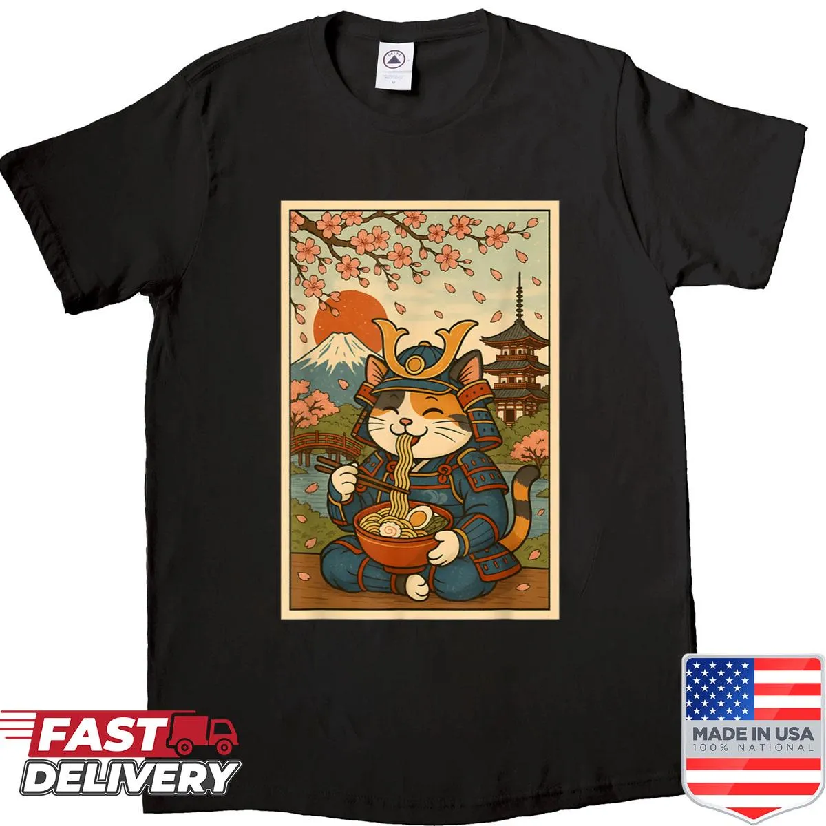 Cute samurai cat ramen graphic t-shirt