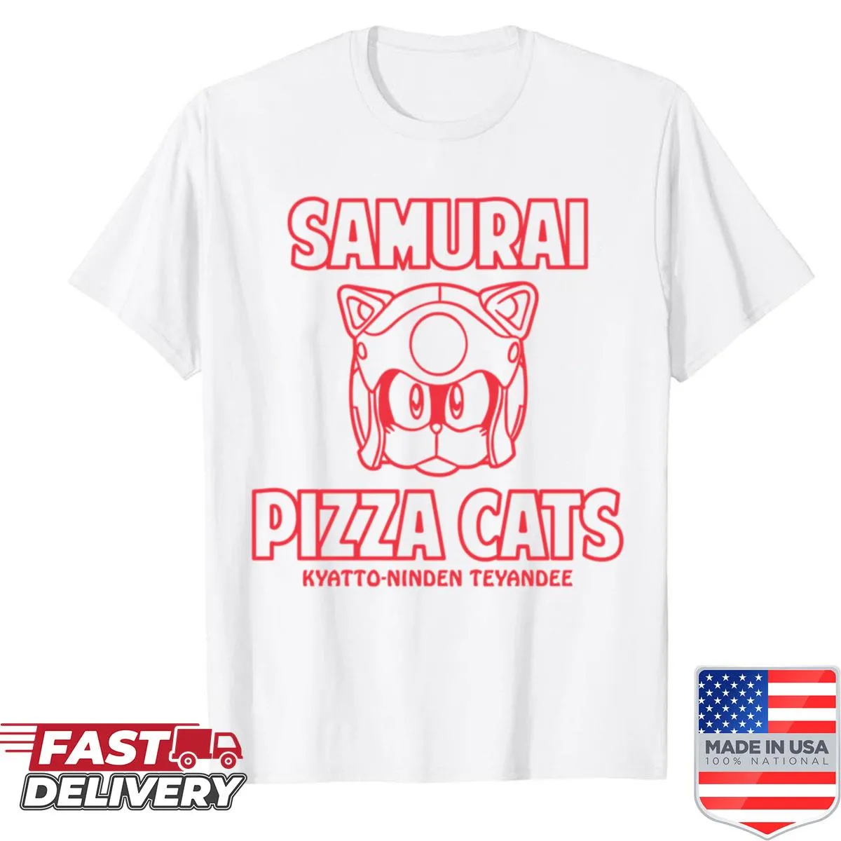 Whimsical illustration of samurai cats enjoying pizza