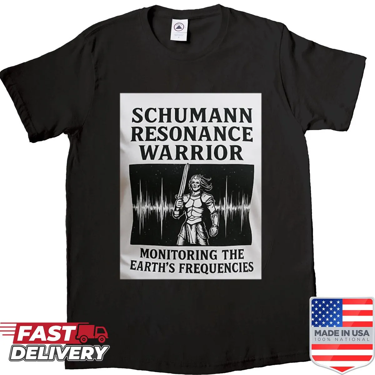 Shirt featuring the phrase Schumann Resonance Warrior in elegant typography.