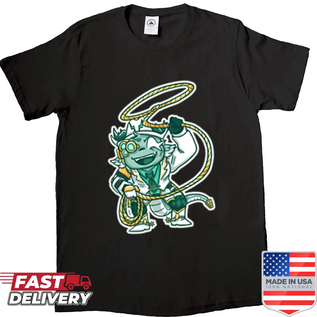 Playful scythe illustration with 'Phighting' text on a t-shirt