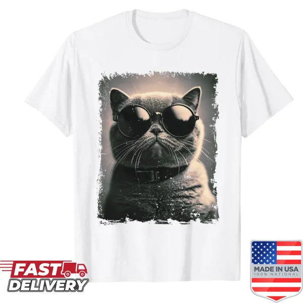 Vintage-style shirt with sepia Scottish Fold cat in round sunglasses