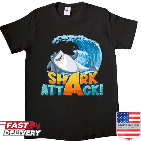 Playful shark attack illustration on a T-shirt, ideal for ocean lovers