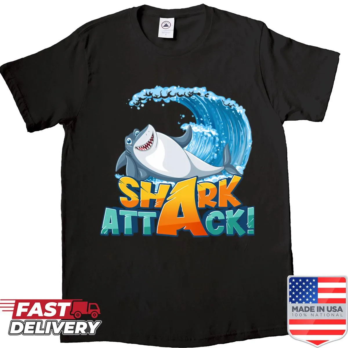 Playful shark attack illustration on a T-shirt, ideal for ocean lovers
