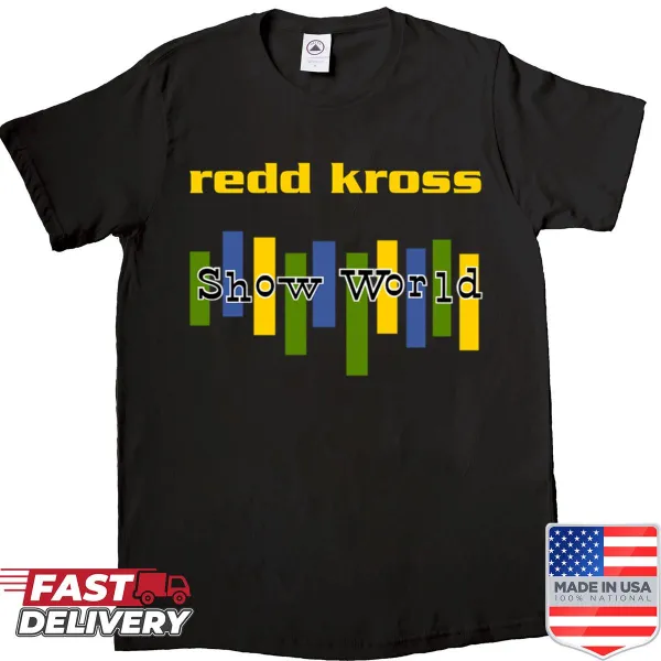 Typographic shirt featuring the phrase Show World prominently displayed.