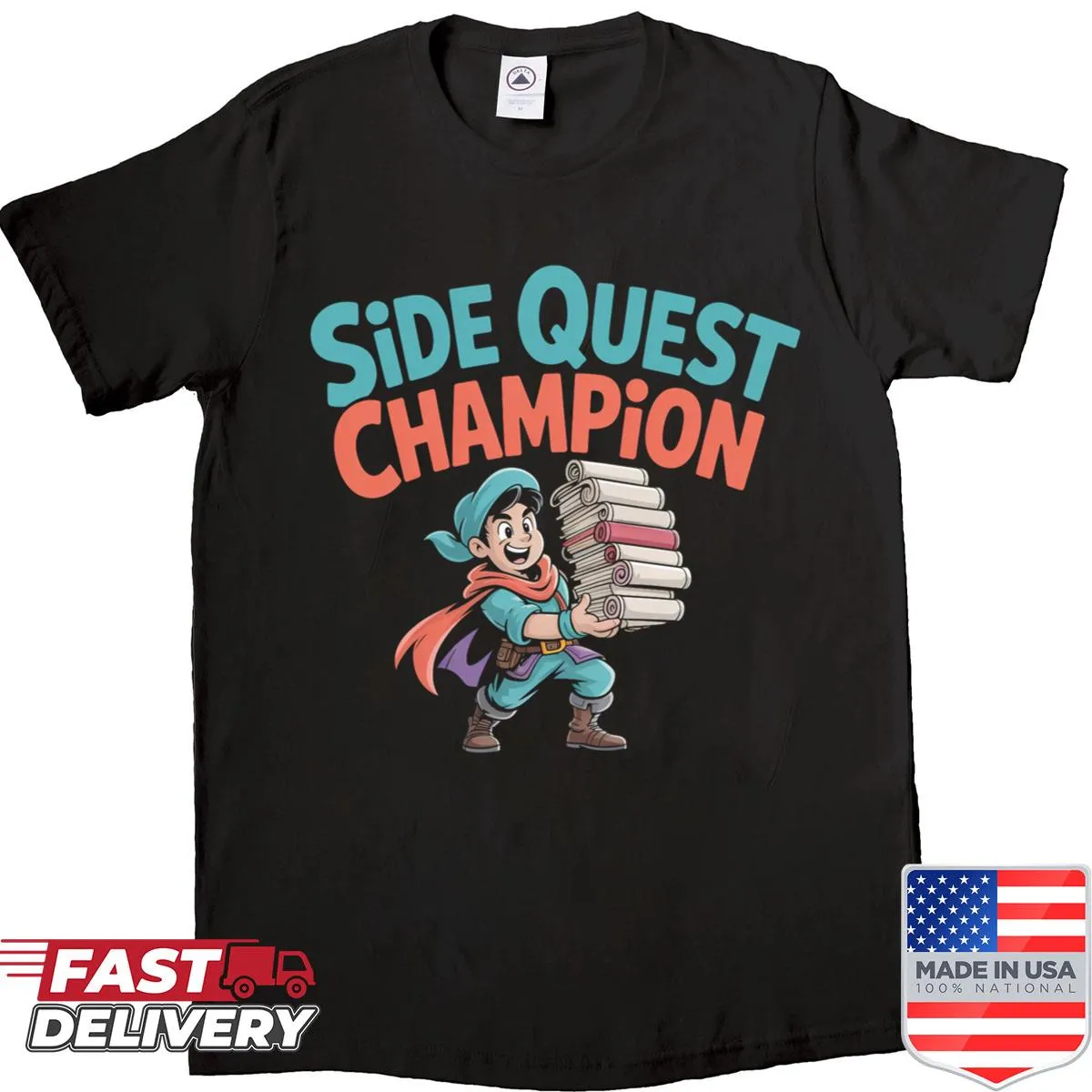 Adventurer shirt featuring a stack of scrolls representing quests.