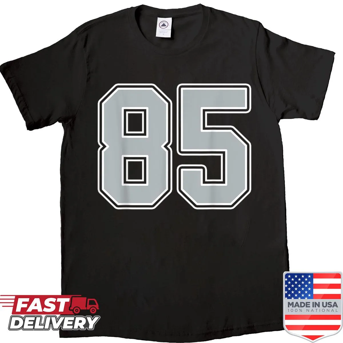 Classic jersey shirt featuring number 85 in black, white, and silver